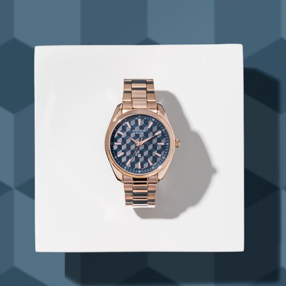 Sonata Poze Quartz Analog Blue Dial Rose Gold Colour Stainless Steel Strap Watch For Men-image-28