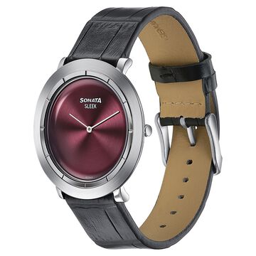 Sonata Sleek Burgundy Dial Silver-Tone Leather Strap Watch