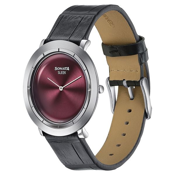 Sonata Sleek Burgundy Dial Silver-Tone Leather Strap Watch - image number 2