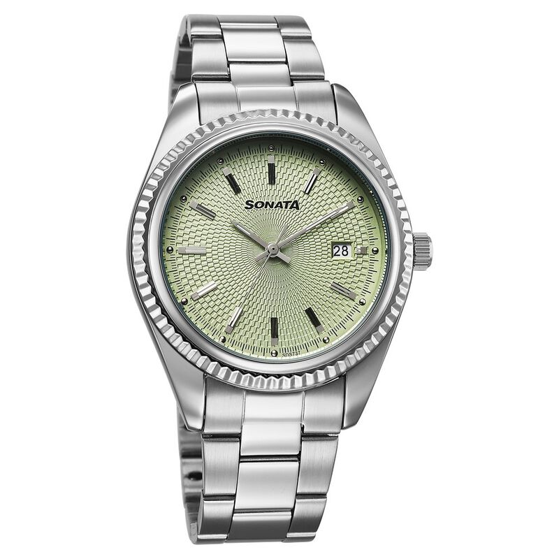Sonata Festive Quartz Analog with Date Green Dial Metal Strap Watch For Men