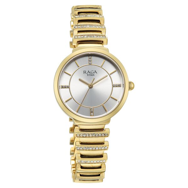Titan Raga Spotlight Quartz Analog Silver Dial Golden Metal Strap Watch For Women - image number 1