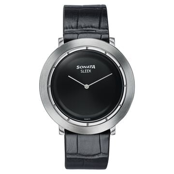 Sonata Sleek Black Dial Silver-Tone Leather Strap Watch