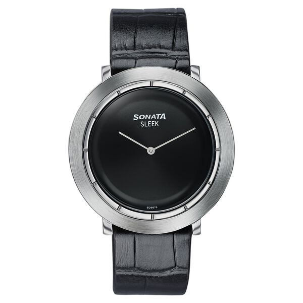 Sonata Sleek Black Dial Silver-Tone Leather Strap Watch - image number 0