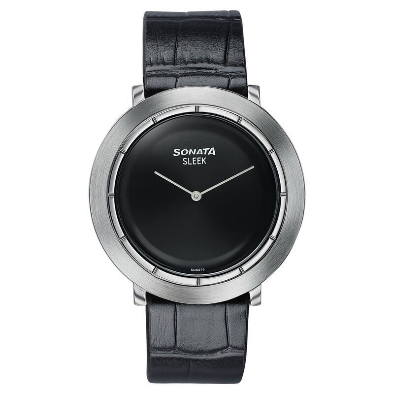 Sonata Sleek Black Dial Silver-Tone Leather Strap Watch