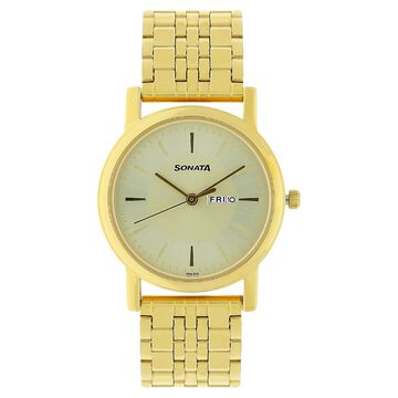 Sonata Quartz Analog with Day and Date Champagne Dial Stainless Steel Strap Watch for Men
