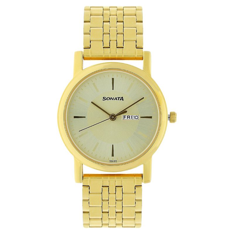 Sonata Quartz Analog with Day and Date Champagne Dial Stainless Steel Strap Watch for Men - image number 0