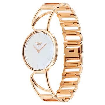 Titan Raga Power Pearls Quartz Analog Mother of Pearl Dial Rose Gold Metal Strap Oval Shaped Watch For Women