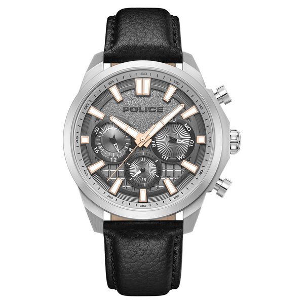 Police Quartz Multifunction Grey Dial Black Leather Strap Watch For Men - image number 0