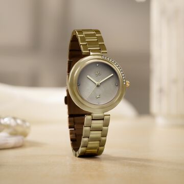 Vyb Aura By Fastrack Quartz Analog Khaki Dial Brown Stainless Steel Strap Watch For Girls