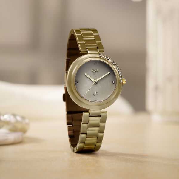 Vyb Aura By Fastrack Quartz Analog Khaki Dial Brown Stainless Steel Strap Watch For Girls - image number 0