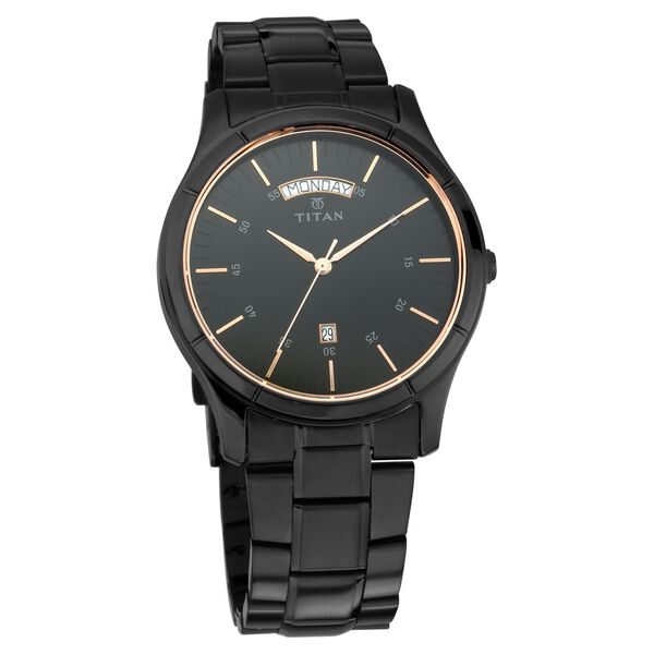 Titan Quartz Analog with Day and Date Black Dial Black Stainless Steel Strap Watch For Men - image number 0