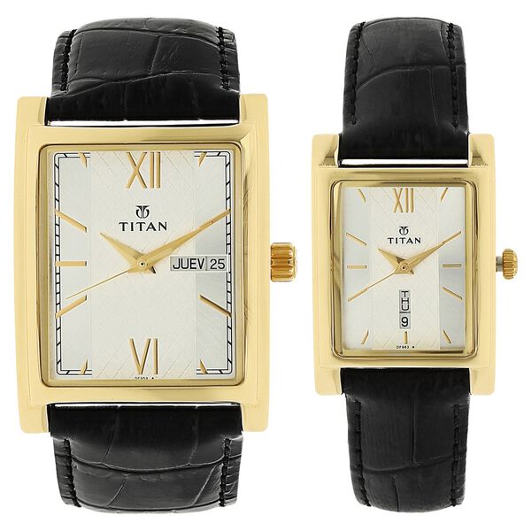 Titan Quartz Analog with Day and Date Silver Dial Leather Strap Watch for Couple - image number 0