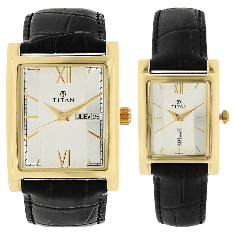 Titan Quartz Analog with Day and Date Silver Dial Leather Strap Watch for Couple