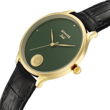 Sonata Sonata Gold Quartz Analog Sacred Forest Green With Gold Coin Dial Black Leather Strap Watch For Men