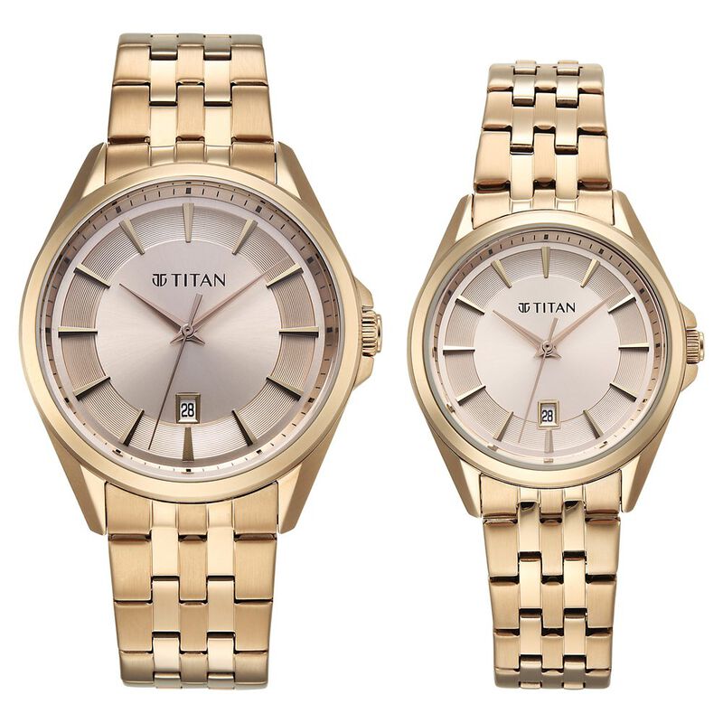 Titan Modern Bandhan Pair Analog with Rose Gold Dial Rose Gold Stainless Steel Strap Watch for Couples