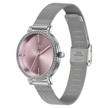 Sonata Poze Quartz Analog Pink Round Dial Silver Mesh Strap Watch For Women