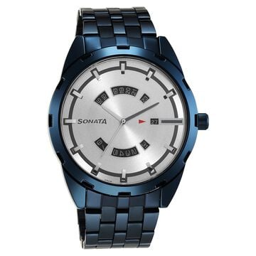 Sonata Blues Quartz Analog with Date Silver Dial Metal Strap Watch for Men