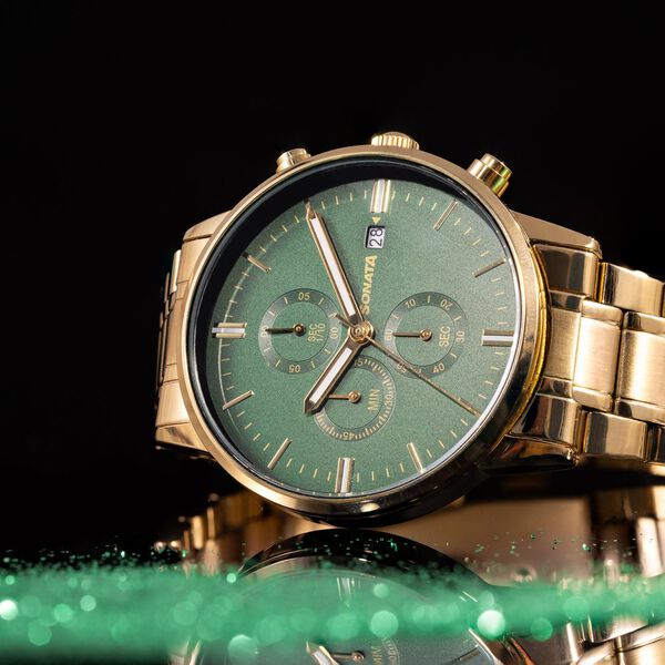 Sonata Quartz Multifunction Green Dial Golden Stainless Steel Strap Watch For Men - image number 0