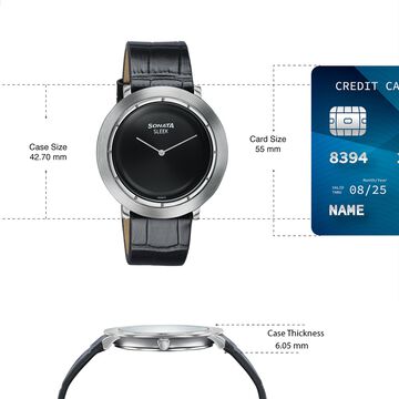 Sonata Sleek Black Dial Silver-Tone Leather Strap Watch