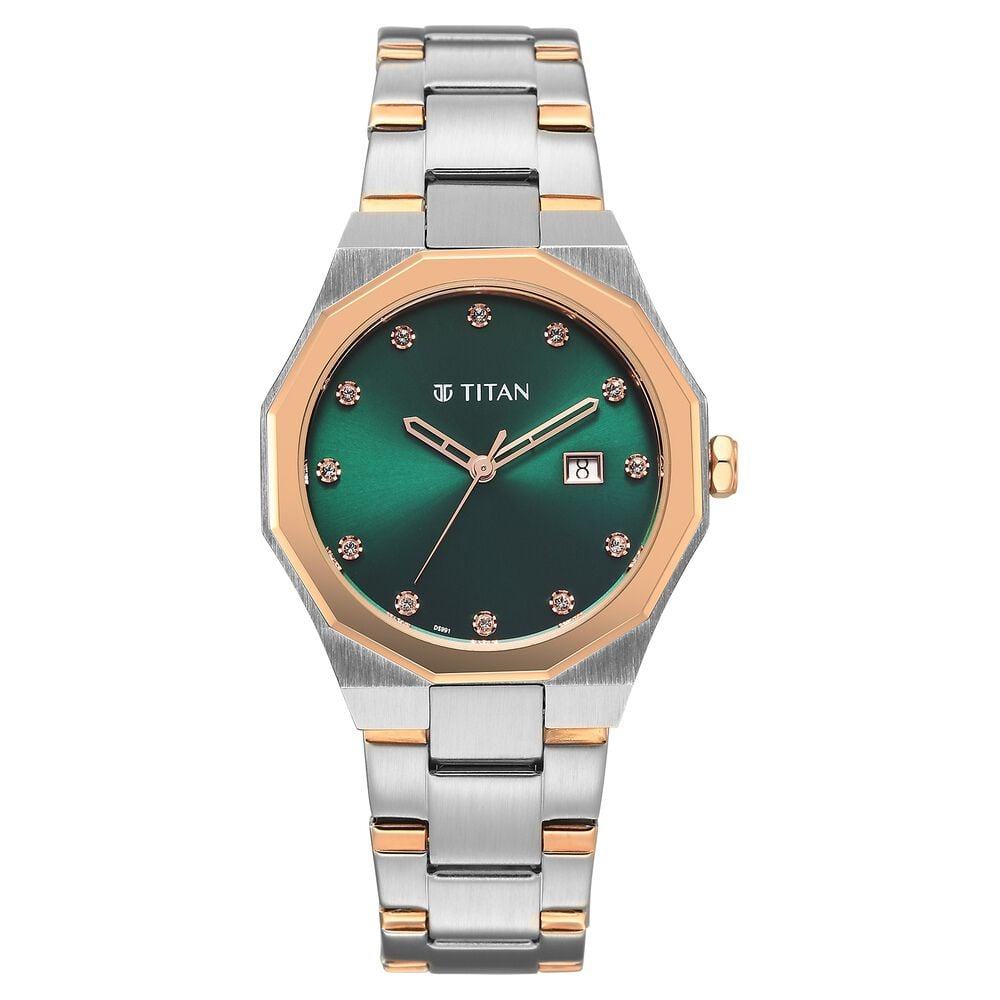 Titan Purple Time Deluxe Quartz Analog Green Dial Two Toned Metal Strap Watch For Women-picture-14
