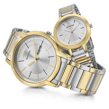 Sonata Quartz Analog Silver Dial Metal Strap Watch for Couple
