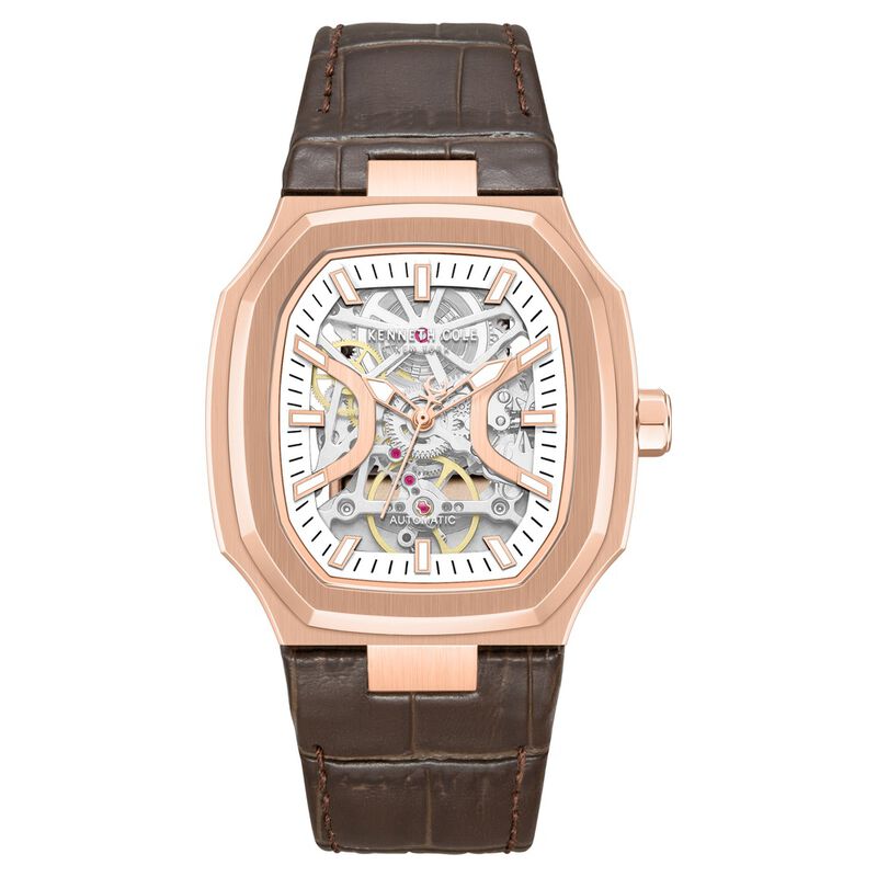 Kenneth Cole Automatic Silver Dial Brown Leather Strap Watch For Men