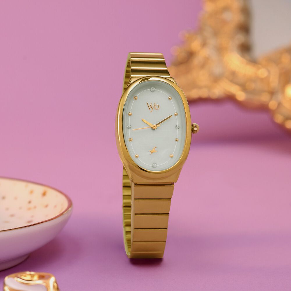 Vyb Enigma By Fastrack Quartz Analog Mother of Pearl Dial Golden Metal Strap Watch For Girls-image-49