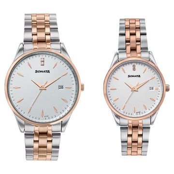 Sonata Jashn Quartz Analog White Dial Two Toned Metal Strap Watch For Couple