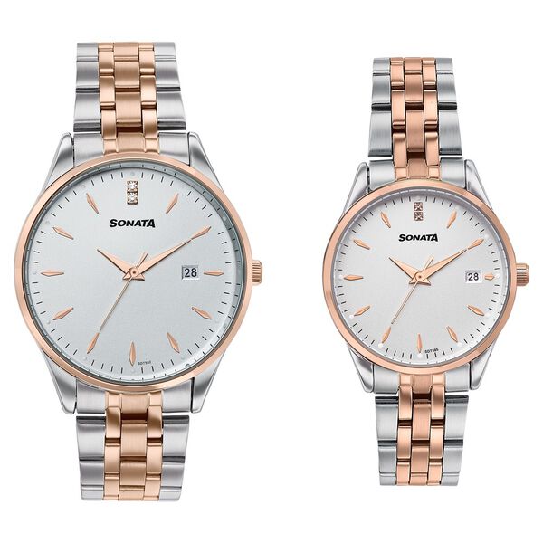 Sonata Jashn Quartz Analog White Dial Two Toned Metal Strap Watch For Couple - image number 0