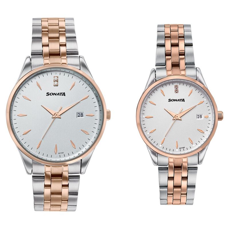 Sonata Jashn Quartz Analog White Dial Two Toned Metal Strap Watch For Couple