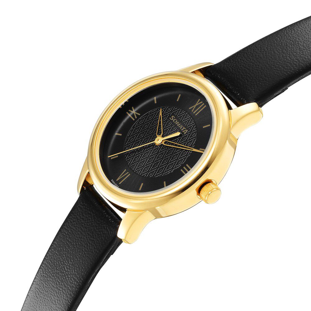 Buy Online Sonata Classic Gold Black Dial Leather Strap Watch for Women nr8178yl01 Titan