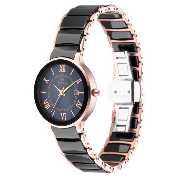 Titan Quartz Analog with Date Black Dial Stainless Steel & Ceramic Strap Watch for Women - image number 2