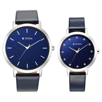 Titan Memento Blue Dial Analog Leather Strap watch for Couple