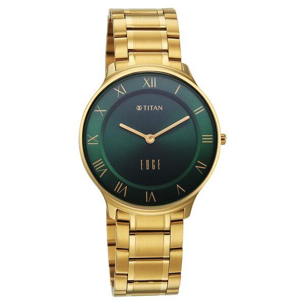 Titan Edge Gleam Quartz Analog Green Dial Golden Stainless Steel Strap Watch For Men - image number 1