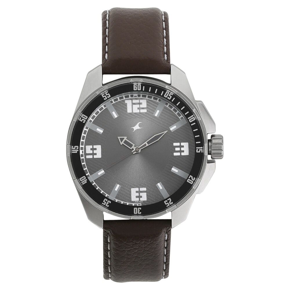 Buy Online Fastrack Quartz Analog Grey Dial Leather Strap Watch for Guys nr3084sl02 Titan