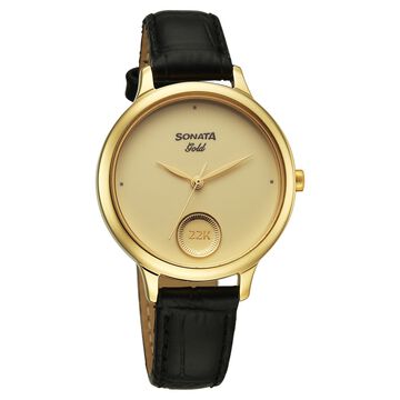 Sonata Gold Quartz Analog Champagne With Gold Coin Dial Black Leather Strap Watch For Women