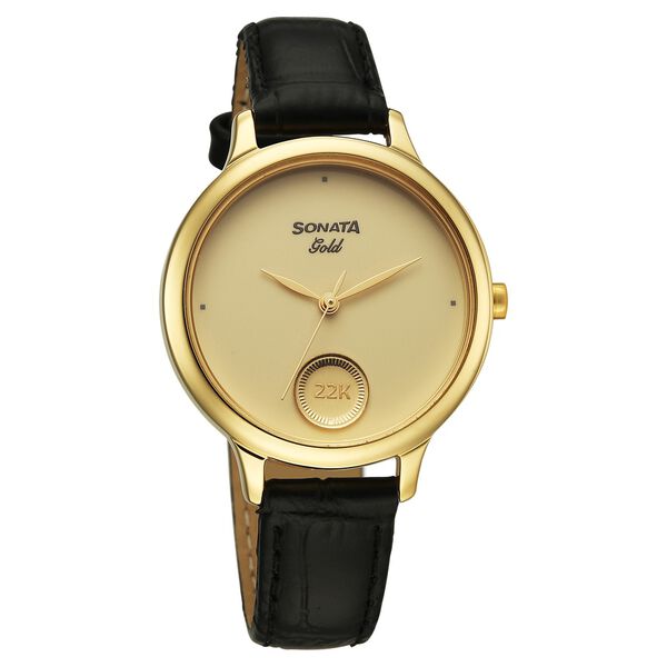 Sonata Gold Quartz Analog Champagne With Gold Coin Dial Black Leather Strap Watch For Women - image number 0