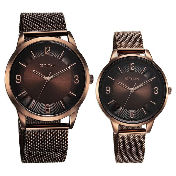 Titan Bandhan Quartz Analog Brown Dial Stainless Steel Strap Watch for Couple - image number 1