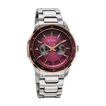 Titan Regalia Opulent Two-Eye Multifunction Burgundy Panda Dial Stainless Steel Strap Watch For Men