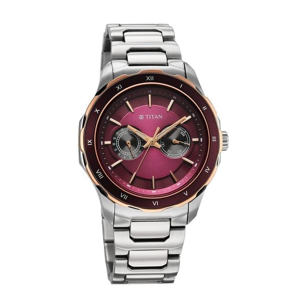 Titan Regalia Opulent Two-Eye Multifunction Burgundy Panda Dial Stainless Steel Strap Watch For Men - image number 1