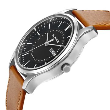 Sonata Quartz Analog with Day and Date Black Dial Leather Strap Watch for Men