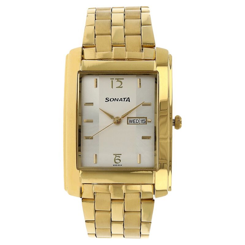 Sonata Quartz Analog with Day and Date Silver Dial Stainless Steel Strap Watch for Men