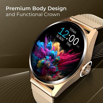 Titan Crest with 3.63 cm AMOLED Display with AOD, Functional Crown, BT Calling, Premium Smartwatch with Blue Strap