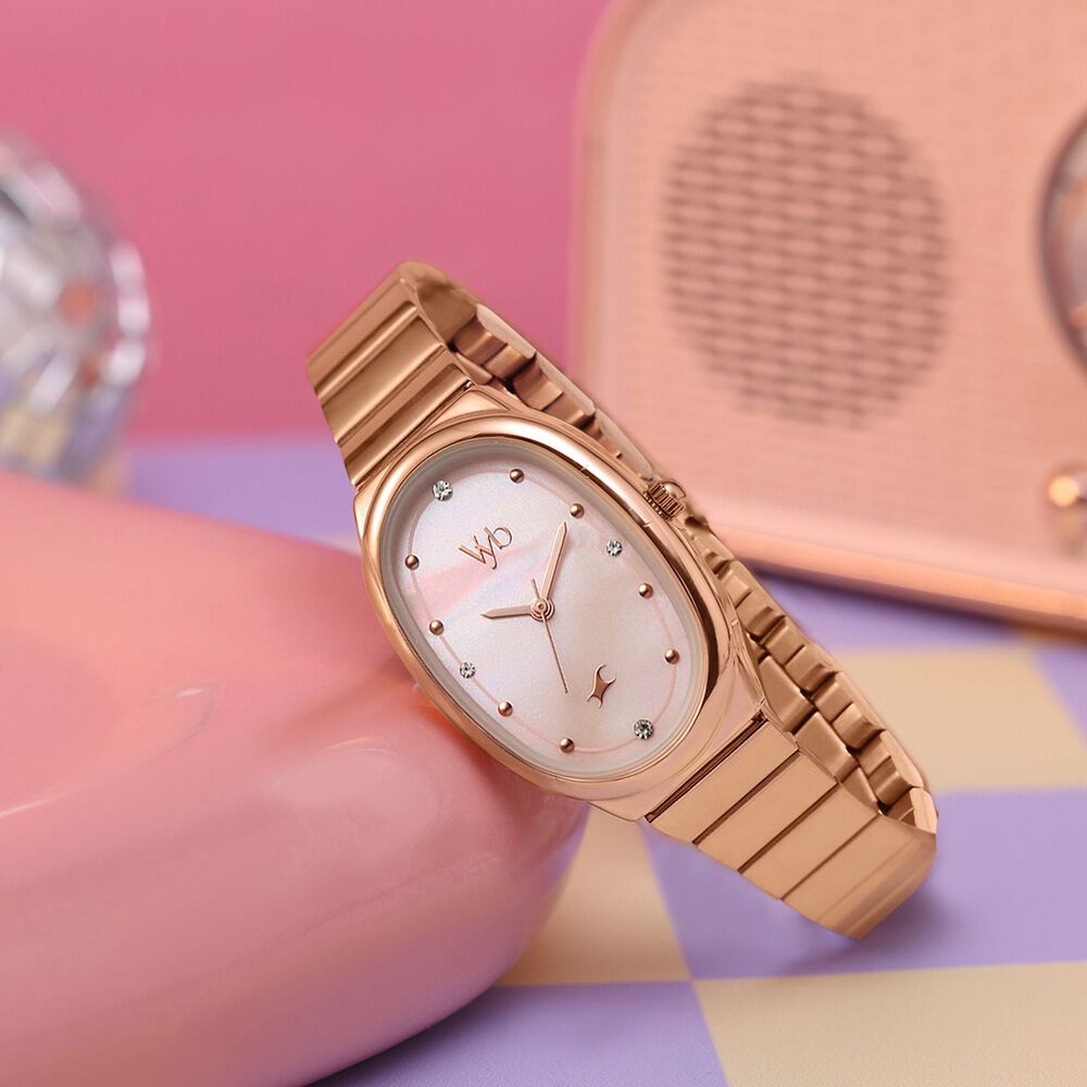 Vyb Enigma By Fastrack Quartz Analog Pink Mother of Pearl Dial Rose Gold Metal Strap Watch For Girls-image-44