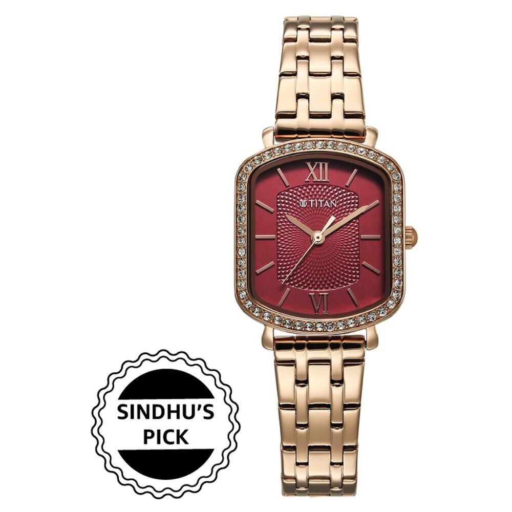 Titan Purple Metro Quartz Analog Red Dial Rose Gold Plated Stainless Steel Strap Watch For Women-picture-12