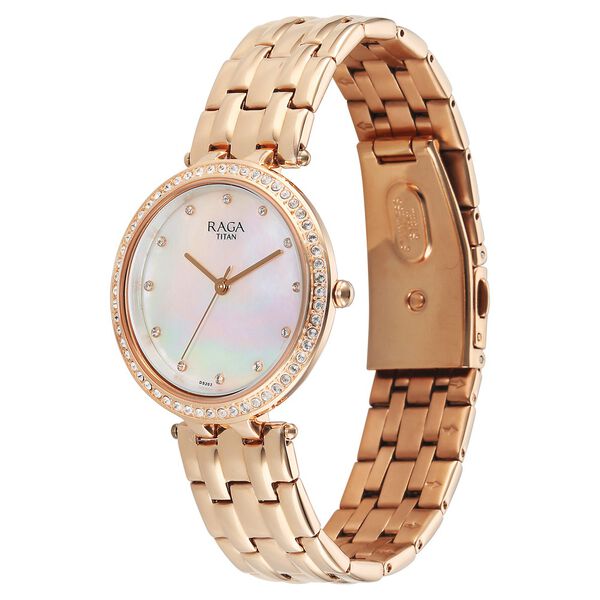 Titan Raga DEC Blaze Quartz Analog Mother of Pearl Dial Rose Gold Metal Strap Watch For Women - image number 2