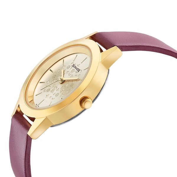 Sonata Floral Folkart Champagne Dial Women Watch With Leather Strap - image number 2