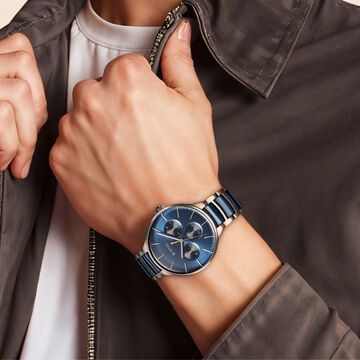 Titan Ceramic Fusion Multifunction Blue Dial Stainless Steel With Ceramic Links Strap Watch For Men