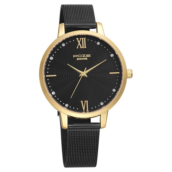 Poze by Sonata Quartz Analog Black Dial Stainless Steel Strap Watch for Women - image number 1