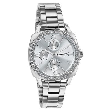 Sonata Festive Quartz Multifunction Silver Dial Silver Metal Strap Watch For Women